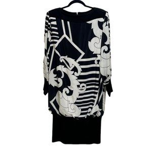 Vintage 80'S Siasia New York Black & White Jacquard Print Drop Waist Dress 14